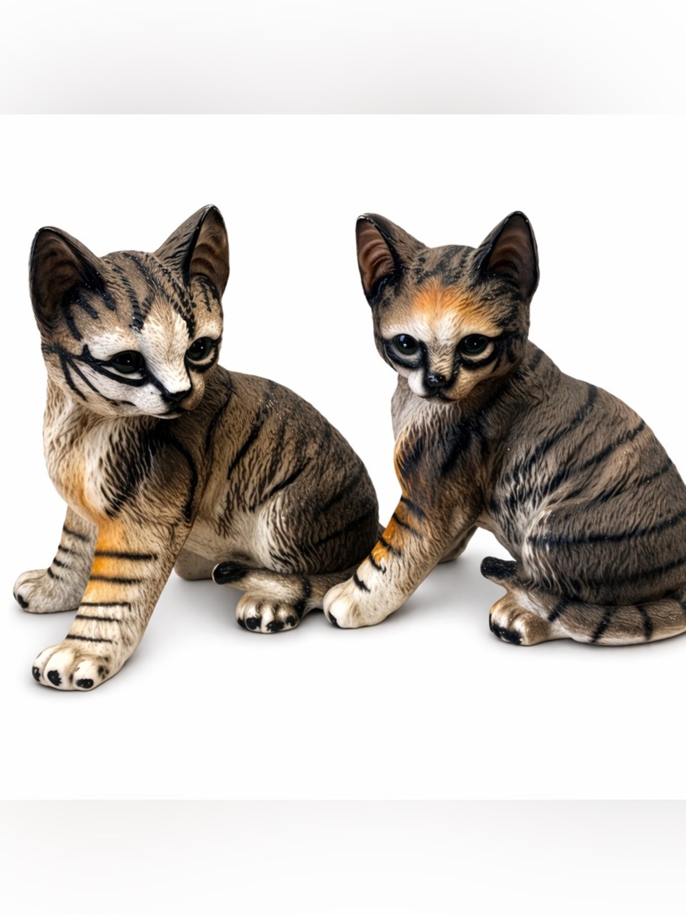 Two Tabby Cat Figurines Ceramic Hand Painted Moody Mysterious Cats
7”T by 7.5L